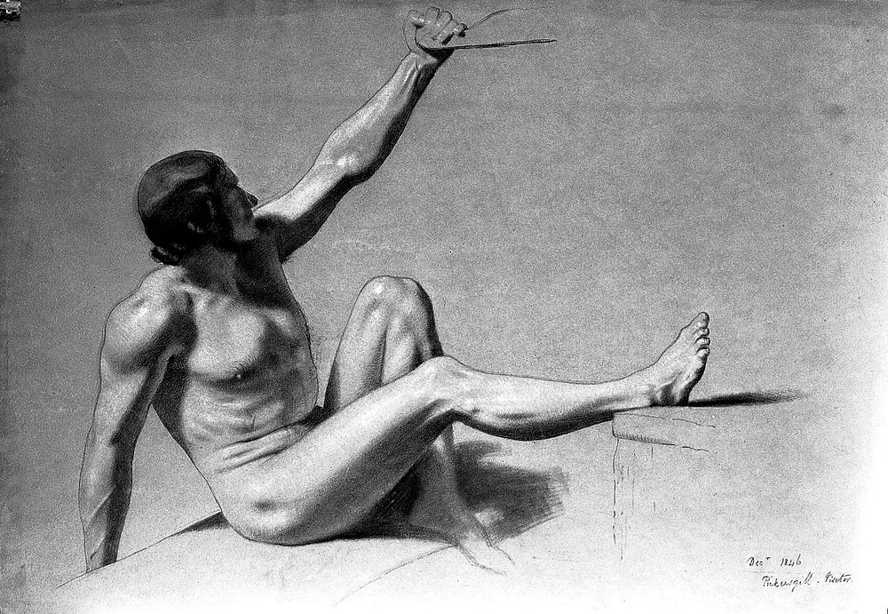A seated male nude with left arm and right leg raised. Chalk drawing by Pickersgill.