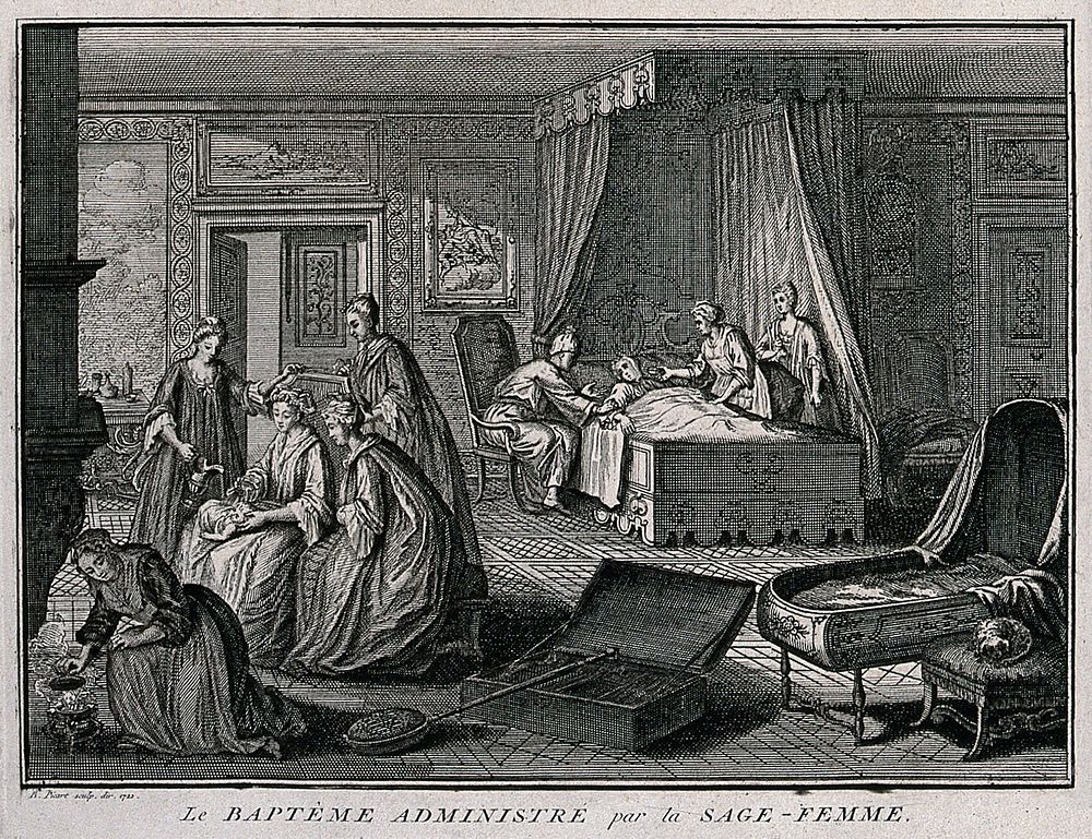 A new-born baby being baptised by a midwife in the mother's bedroom. Etching by B. Picart.
