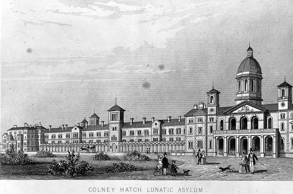 Colney Hatch Lunatic Asylum, Southgate, Middlesex: panoramic view. Engraving.