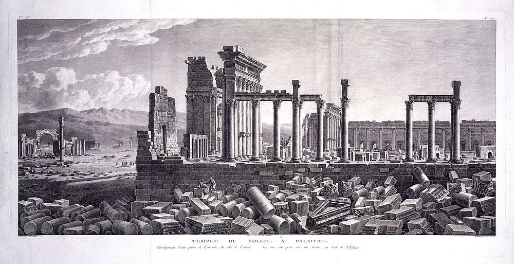 Palmyra, Syria: the temple of Bel (temple of the sun) viewed from one side. Engraving by J.B. Liénard after L.F. Cassas.