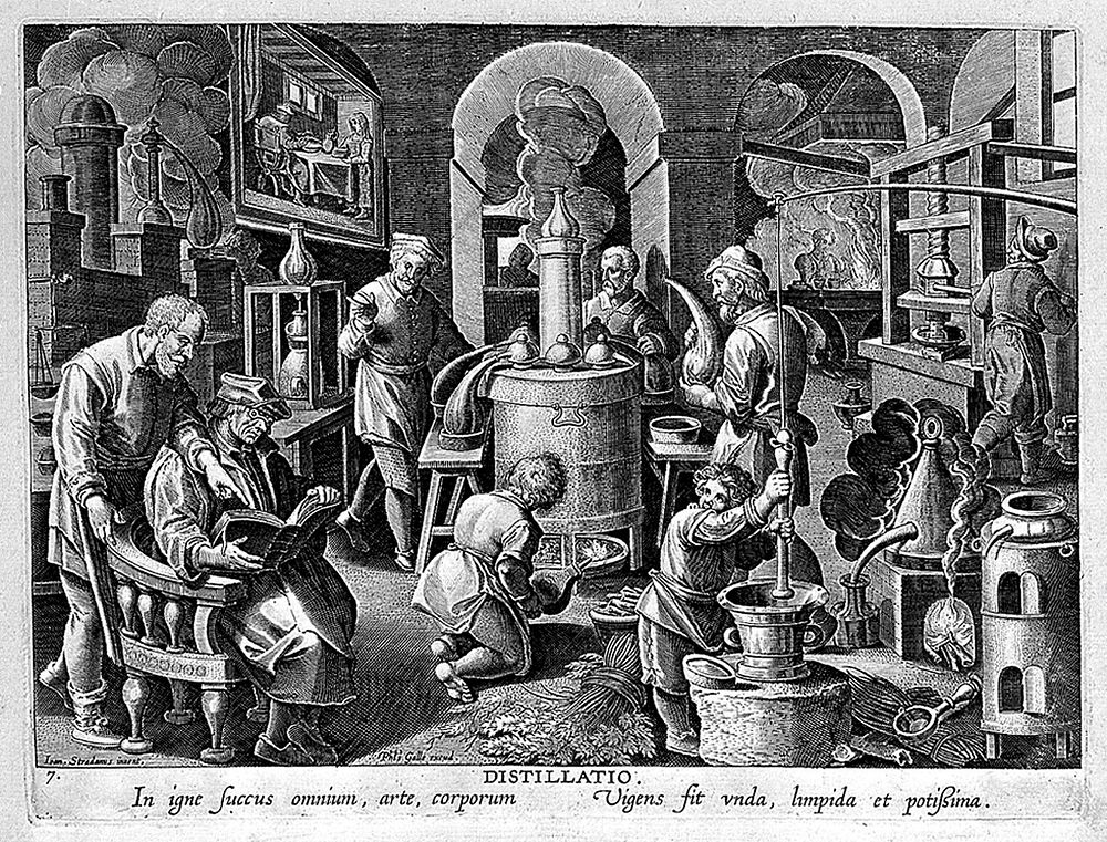 Chemists and workers operating distilling apparatus in a laboratory. Engraving by P. Galle  after J. van der Straet.