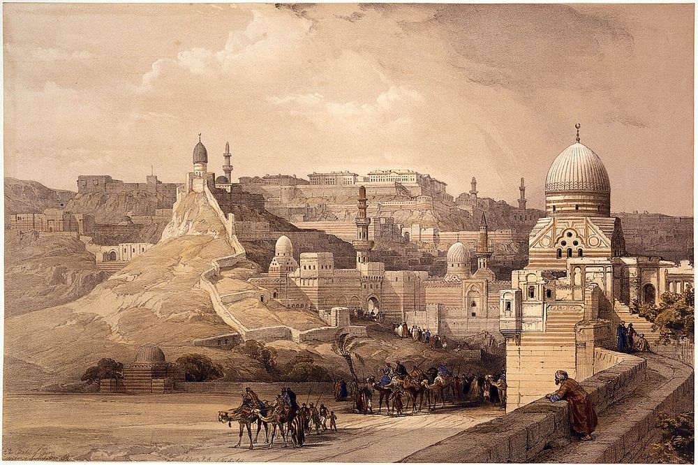 Cairo with the residence of Mehemet Ali in the citadel, Egypt. Coloured lithograph by Louis Haghe after David Roberts, 1849.