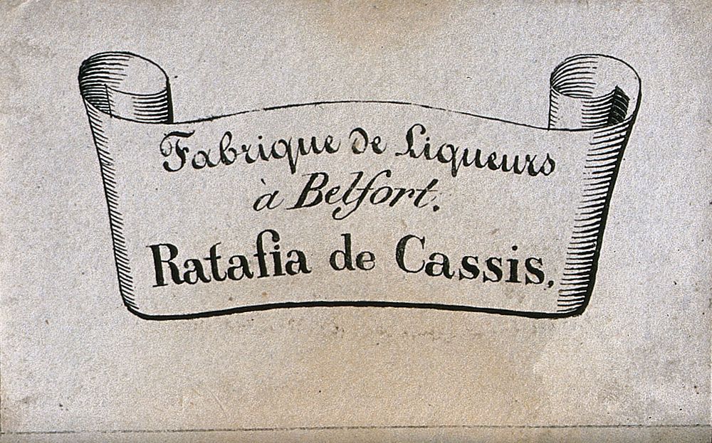 An ornamental liqueur label for "ratafia de cassis". Engraving, 19th century.