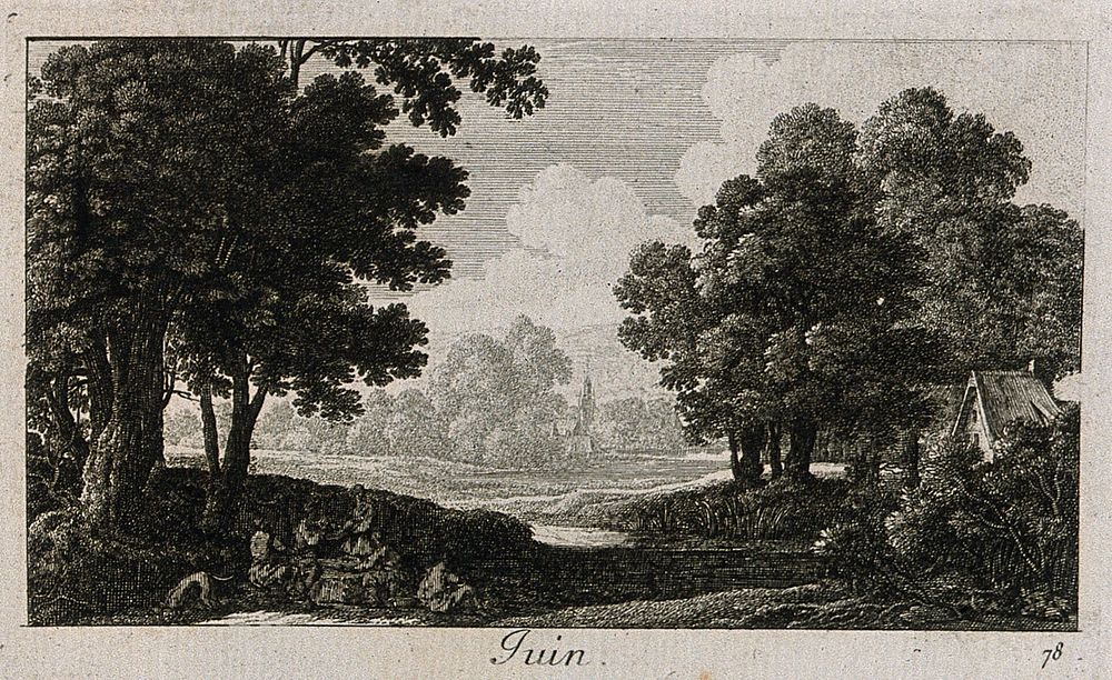 People eating in the shade beneath a tree; representing June. Etching by G. Perelle, c. 1660.