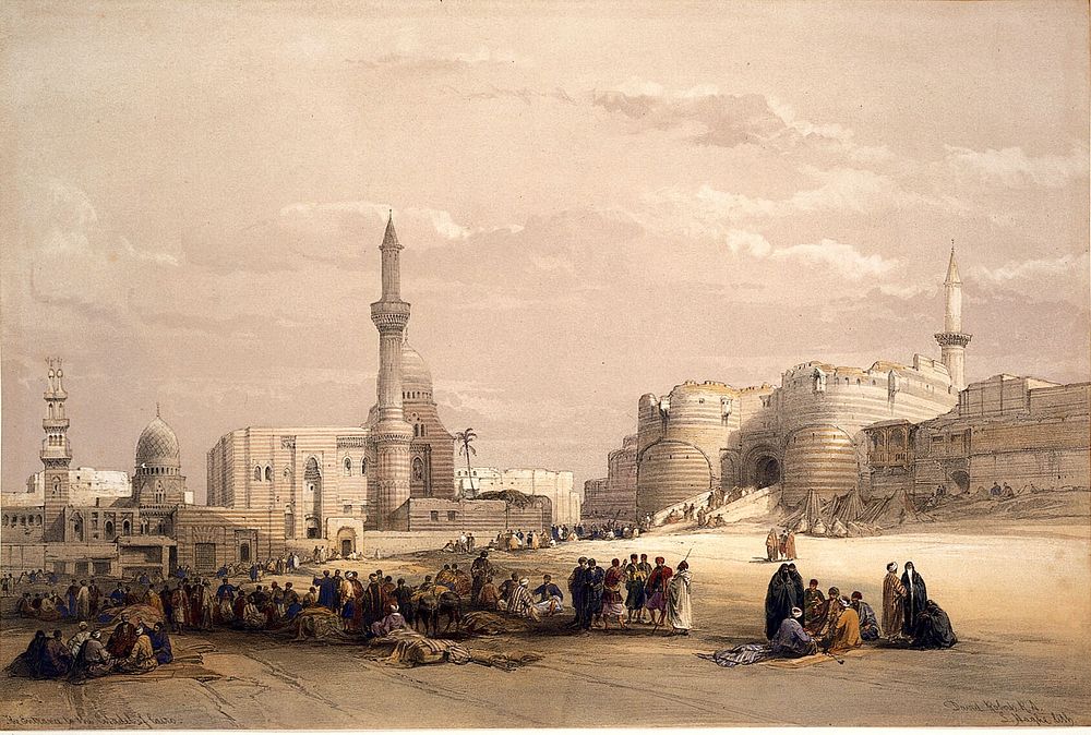The Saladin citadel of Cairo, Egypt. Coloured lithograph by Louis Haghe after David Roberts, 1848.