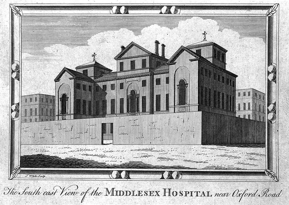 The Middlesex Hospital: seen from the south-east. Engraving by T. White, 1770, after J. Paine.