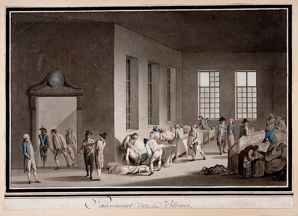 The treatment of wounded soldiers in a ward of a hospital. Drawing by Benjamin Zix, ca. 1805/1811.