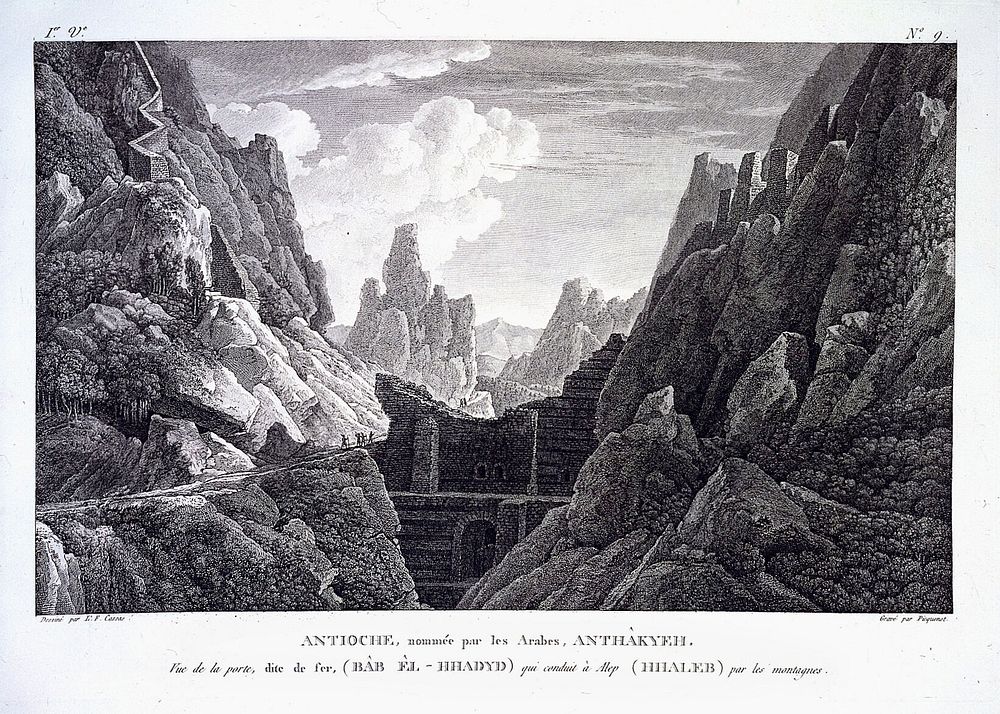 Antioch, Turkey: remains of an ancient gate on a road leading through a mountain pass to Aleppo. Engraving by M. Picquenot…