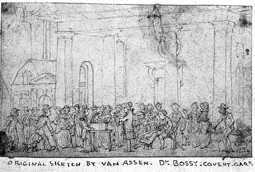 Doctor Bossy, a medicine vendor, selling his wares to a crowd of sick and lame people at Covent Garden, London. Pencil…