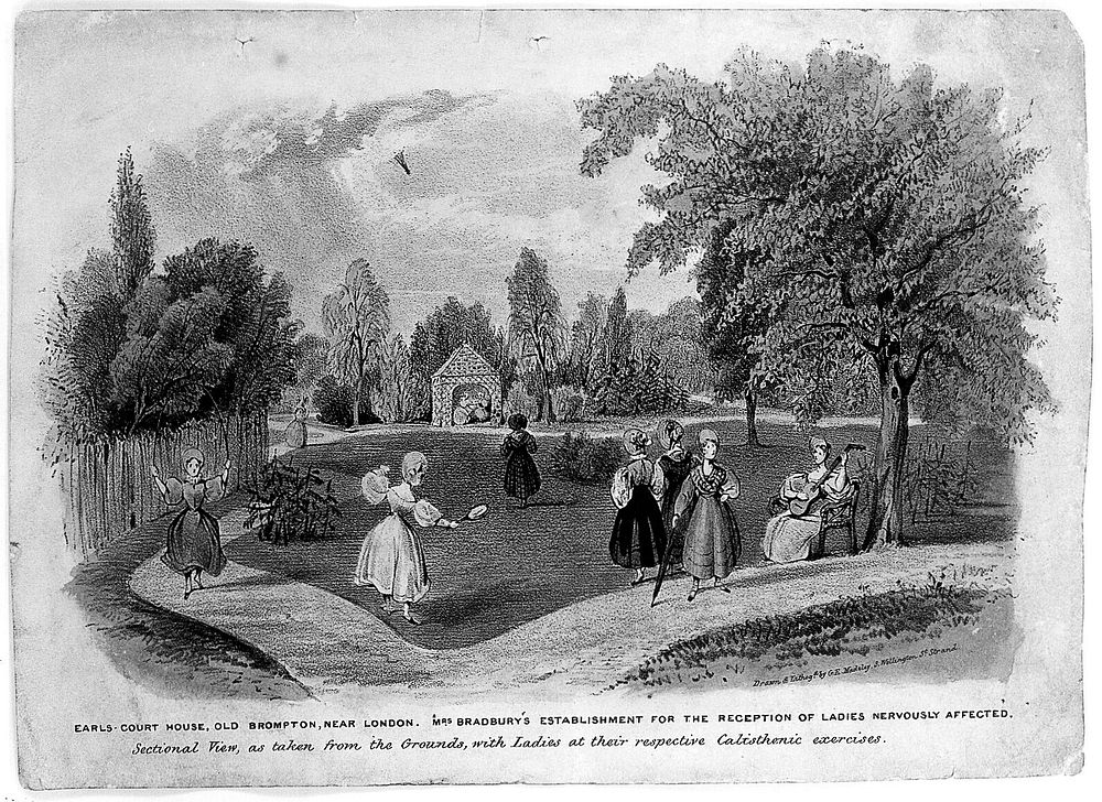 Earl's Court House, London: the gardens with several women, walking, skipping, playing badminton, etc. Coloured lithograph…