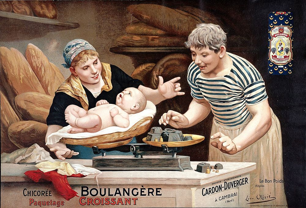 A baker and his wife weighing their baby, representing an advertisement for "Boulangère" chicory. Chromolithograph by L.…