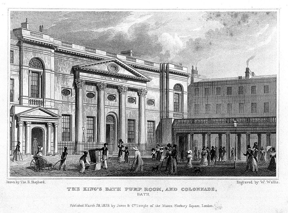 Royal pump room and colonnade, Bath: exterior. Steel engraving by W. Wallis, 1829, after T.H. Shepherd.
