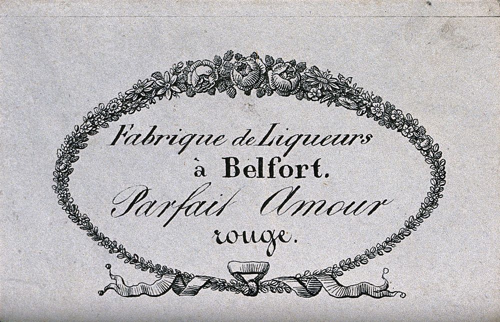 An ornamental French liqueur label. Engraving, 18--.
