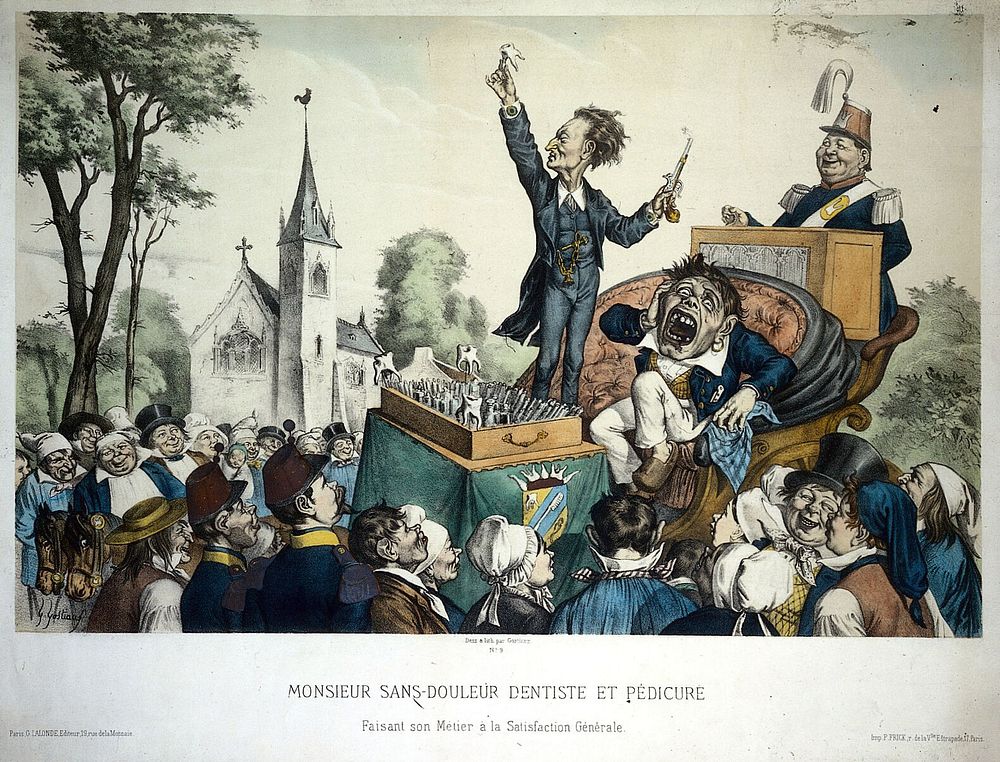 A travelling tooth-drawer holding a tooth up in the air to an audience after extracting it from a howling patient who is…