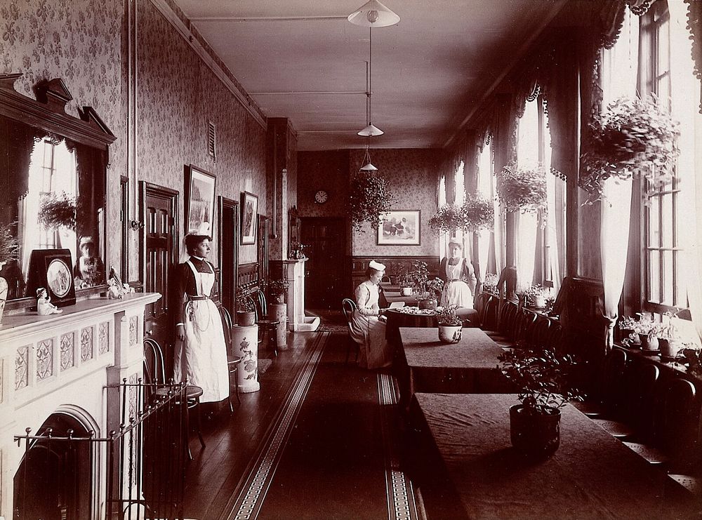 Claybury Asylum, Woodford, Essex: a nurses' day-room  Photograph by the London & County Photographic Co., [1893].