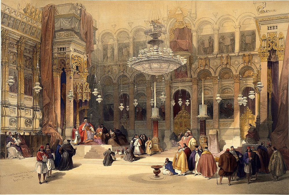 Church of the Holy Sepulchre (Jerusalem): interior. Coloured lithograph by Louis Haghe after David Roberts, 1849.