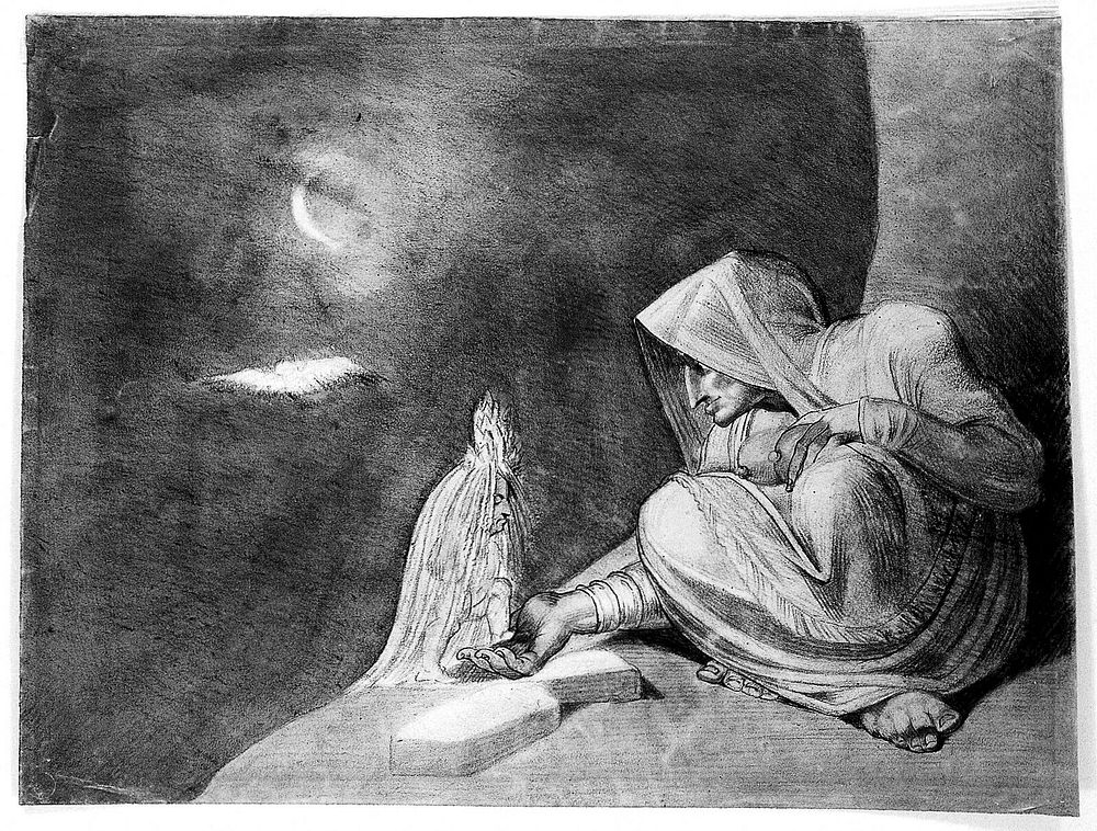 A witch in the moonlight, opening her hand to a mandrake plant dressed in a white veil. Drawing by or after H. Fuseli.