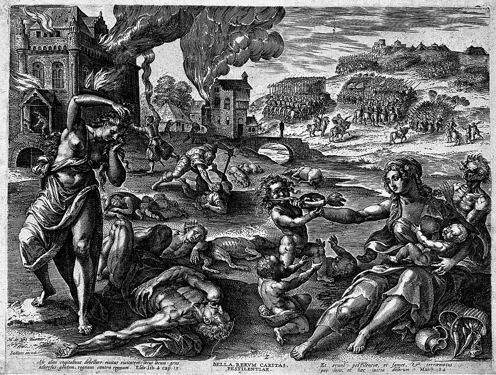 Plague, war and famine. Engraving by Sadeler after M. de Vos.