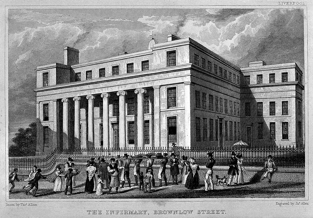 Infirmary, Liverpool, Merseyside: a patient being carried on a stretcher along Brownlow Street. Line engraving by J.B. Allen…