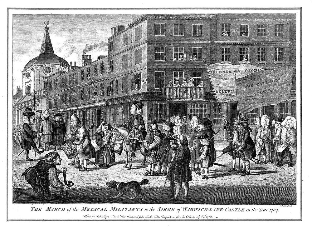 Protesting licentiates marching to the Royal College of Physicians in 1767. Coloured etching by J. June, 1768.