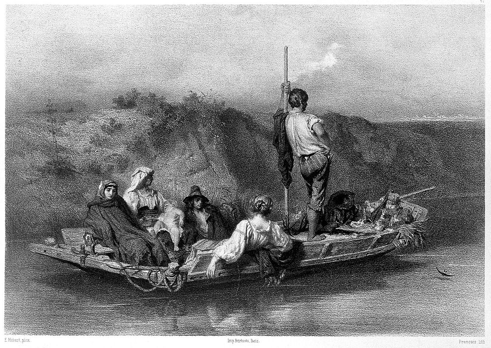 A group of people adrift in a boat, perhaps suffering from malaria. Lithograph by Français after A.E. Hébert, 1850.