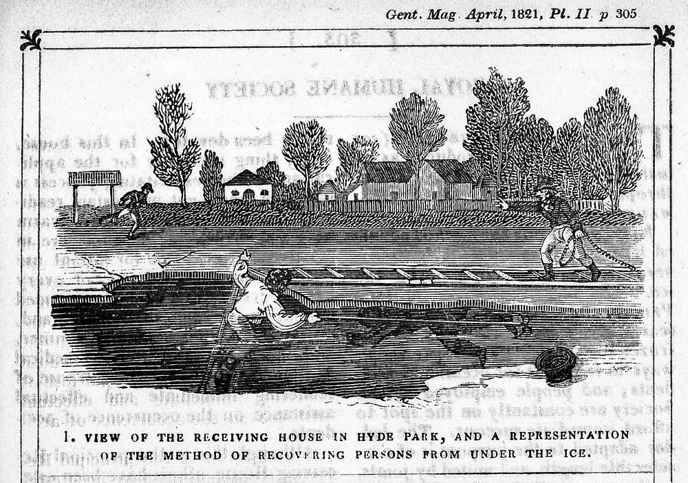 Three vignettes: a man rescued from beneath the ice in Hyde Park, a man, apparently drowned, being brought in by boat, a man…