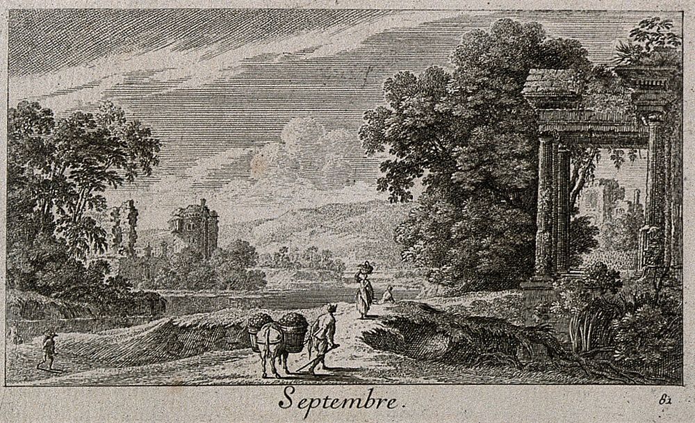 A grape harvest; representing September. Etching by G. Perelle, c. 1660.