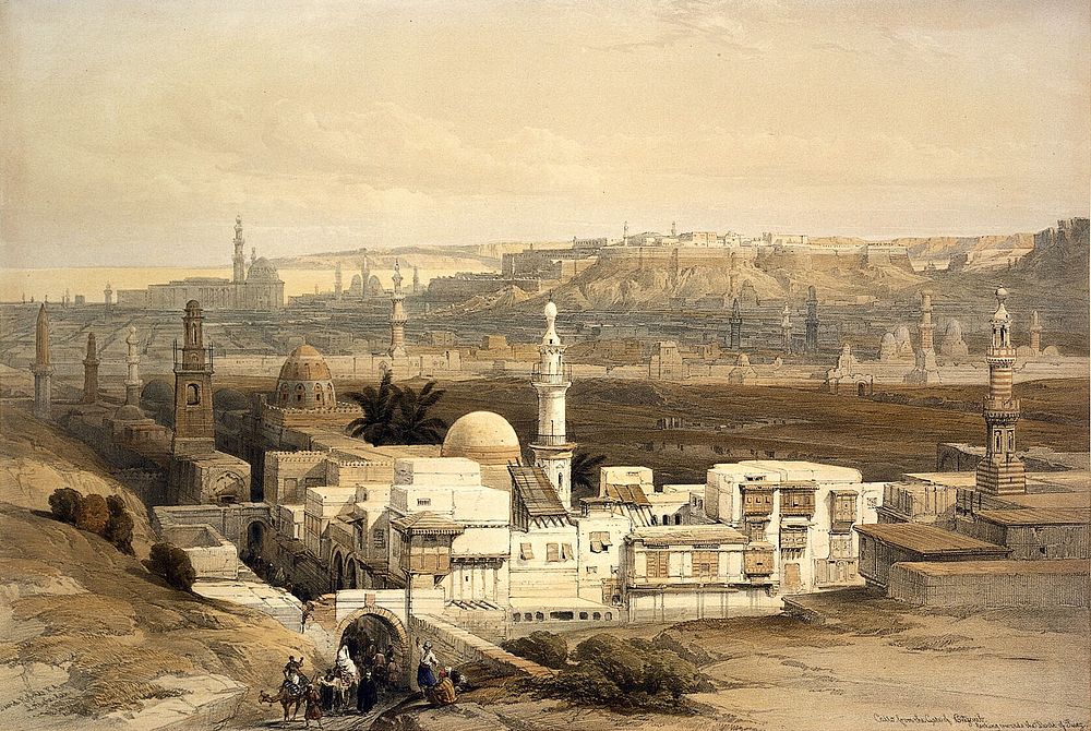 Cairo seen from the south, Egypt. Coloured lithograph by Louis Haghe after David Roberts, 1849.