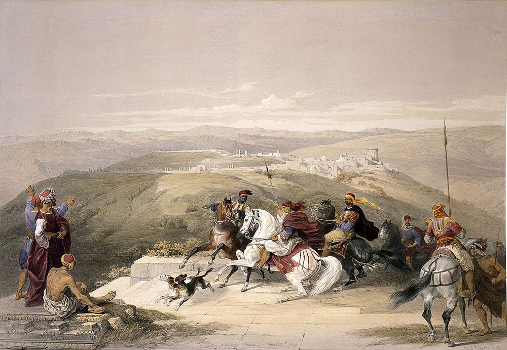 Group of horseriders on a plateau overlooking a landscape with the city of Sebaste, formely Samaria. Coloured lithograph by…