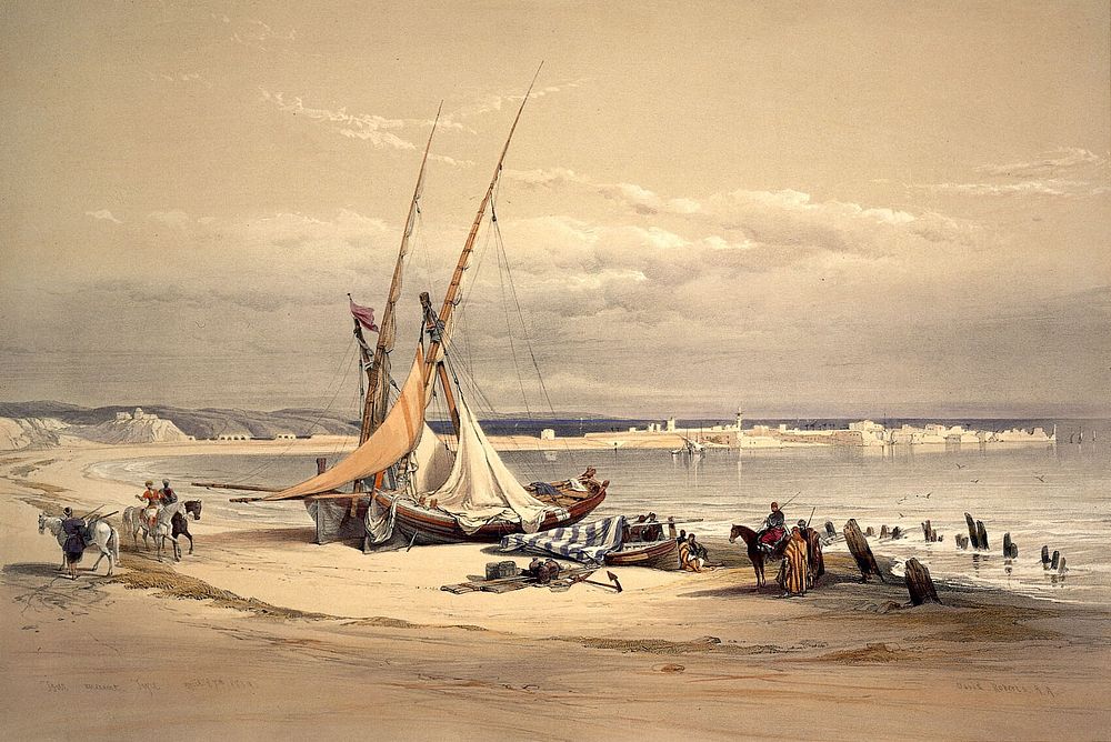 The shore at Sur, ancient Tyre, Lebanon. Coloured lithograph by Louis Haghe after David Roberts, 1843.
