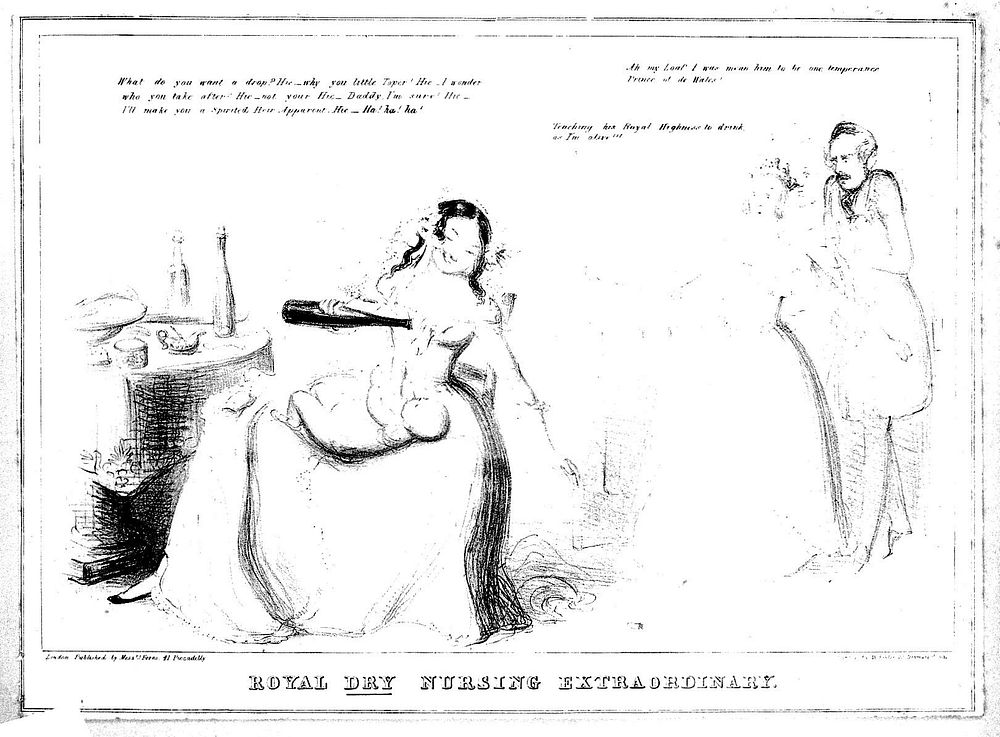 A drunken wet-nurse about to give the Prince of Wales (later Edward VII) a drop of alcohol as a horrified Queen Victoria and…