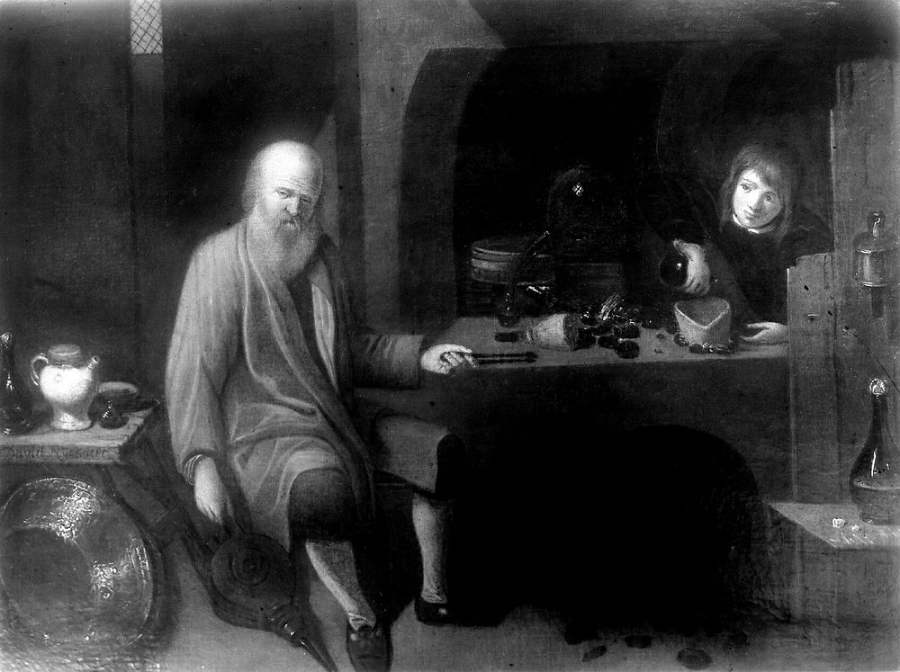 M0005185: An alchemist in his laboratory, by or after David Ryckaert