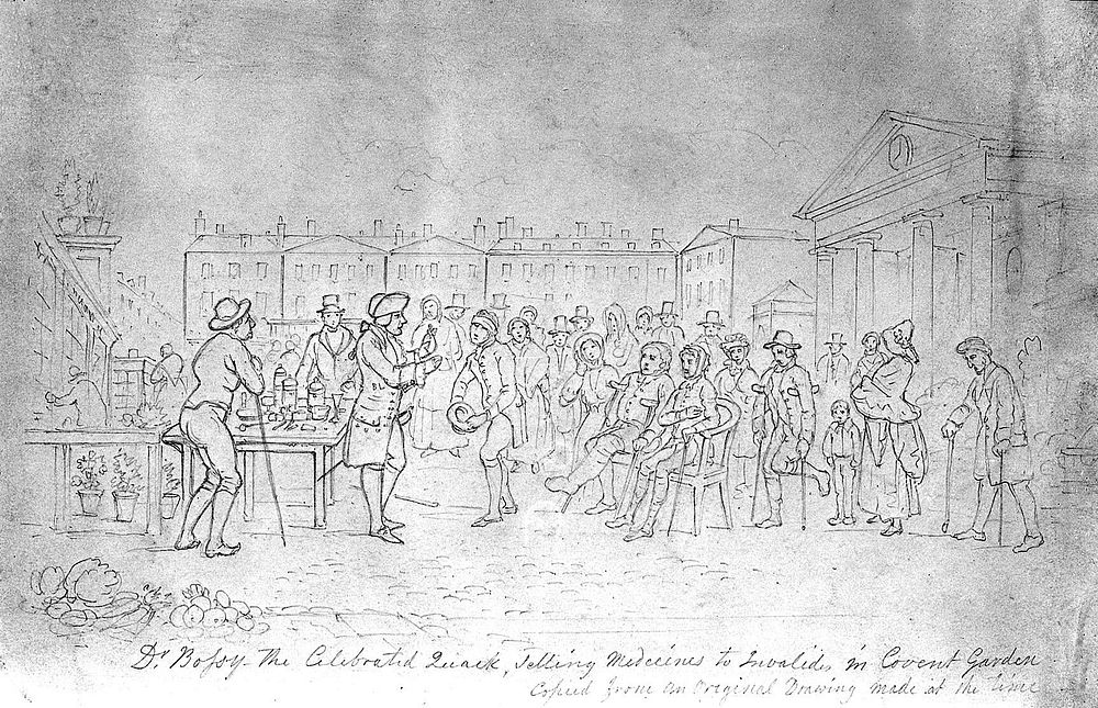 Doctor Bossy, a medicine vendor, selling his wares to a crowd of sick and lame people at Covent Garden, London. Pencil…