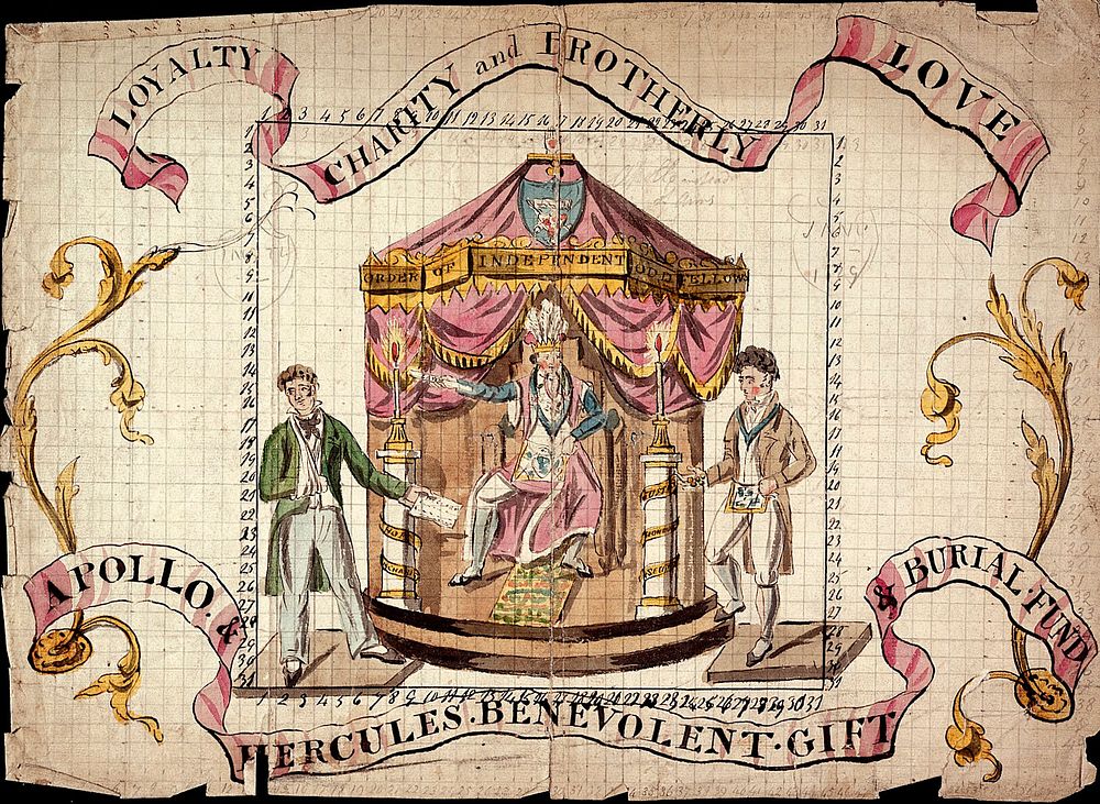 Members of a friendly society compensating one of its members for ill-health. Pen and ink and watercolour, c. 1807.
