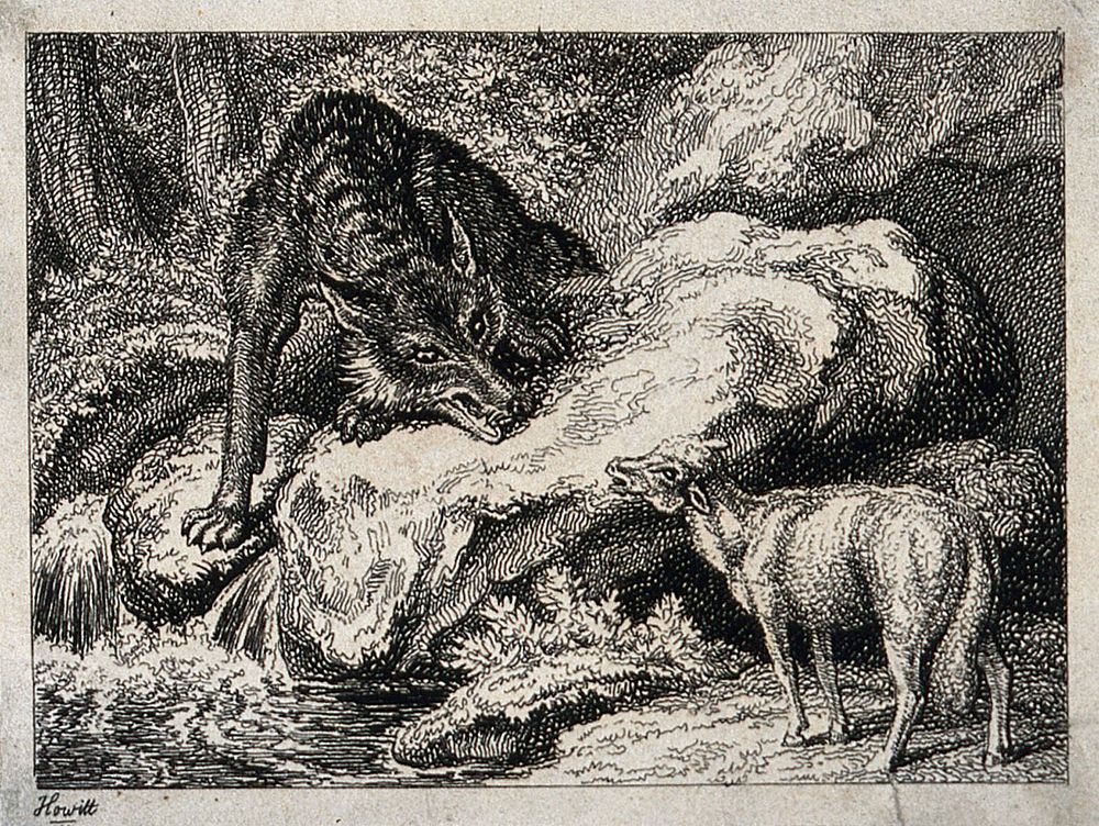 A wolf sitting on a rock above the water is speaking to a lamb standing on the shore below him. Etching by W. S. Howitt.