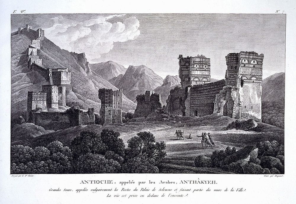 Antioch, Turkey: towers of a ruined castle, with a fortified wall. Engraving by M. Picquenot after L.F. Cassas.