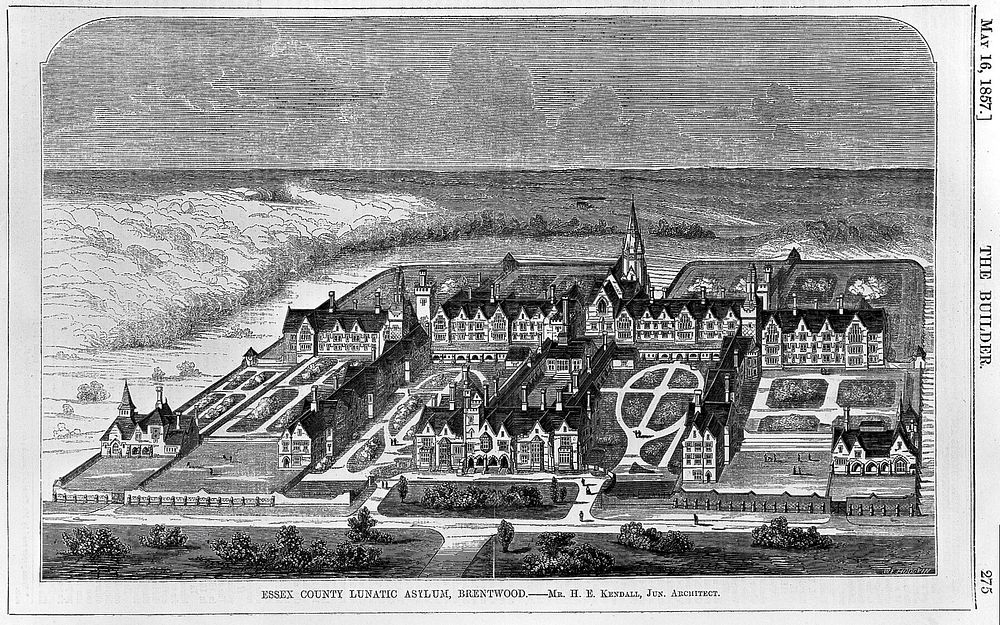 The County Lunatic Asylum, Brentwood, Essex: bird's eye view. Wood engraving by W.E. Hodgkin, 1857, after H.E. Kendall.