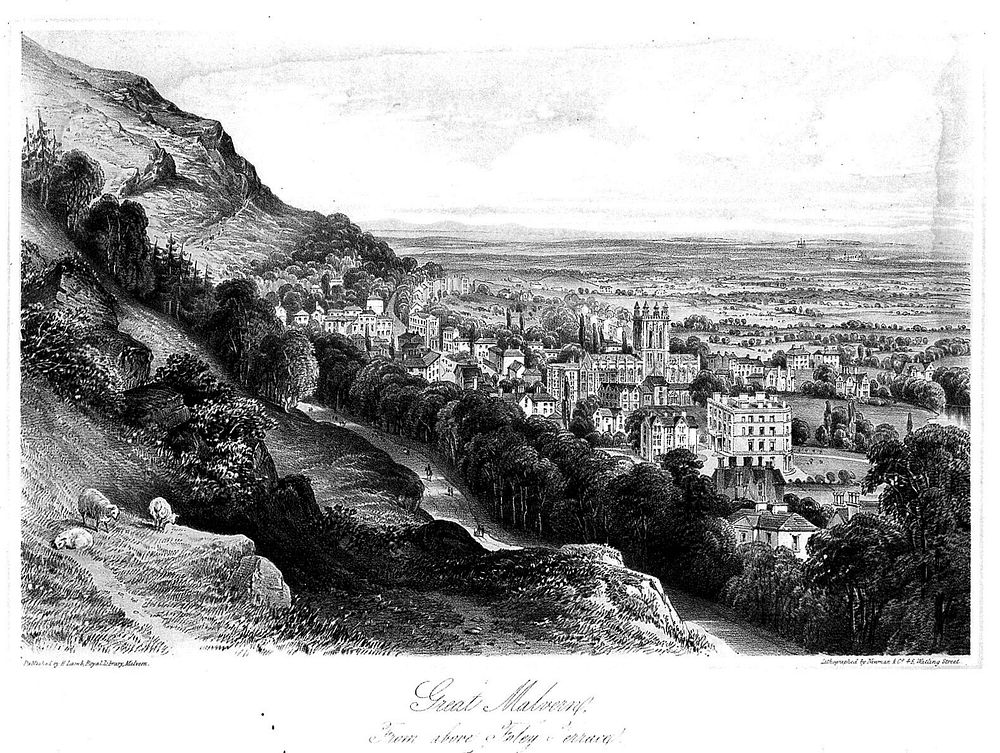Great Malvern, Malvern, Worcestershire: view from Foley Terrace. Tinted lithograph.