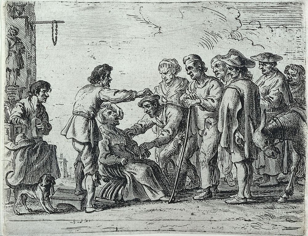 A travelling healer demonstrating the extraction of a tooth from the mouth of a woman patient, before a crowd of onlookers.…