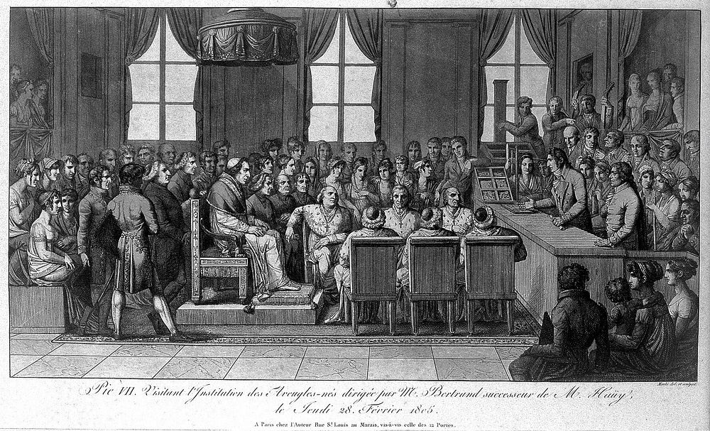 The Institut National des Aveugles-nés, Paris: interior during the visit of Pope Pius VII. Aquatint with etching by Marlé…