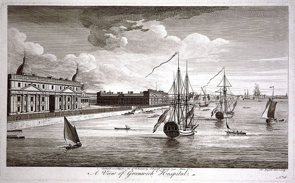 Royal Naval Hospital, Greenwich, seen from down river, with ships and rowing boats in the right foreground, houses in the…