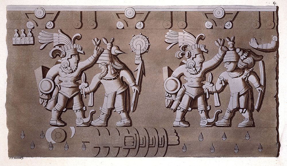 Mexico: part of a pre-Hispanic bas-relief from Mexico City, showing a sacrifice. Coloured aquatint by D. Klemi-Bonatti, ca.…
