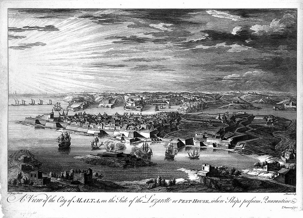 Manoel Island, Malta: the quarantine station. Etching by A. Benoist after J. Goupy, ca. 1725.