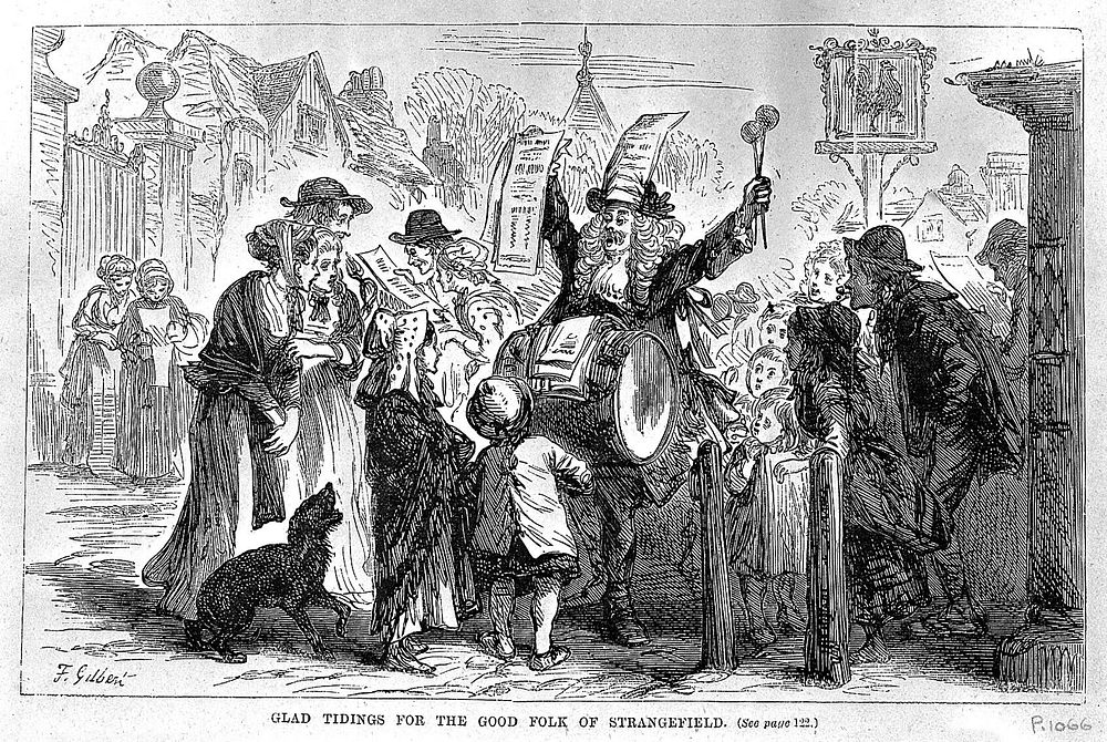 An itinerant vendor advertising his 'sales show' in a square of town. Wood engraving after F. Gilbert.