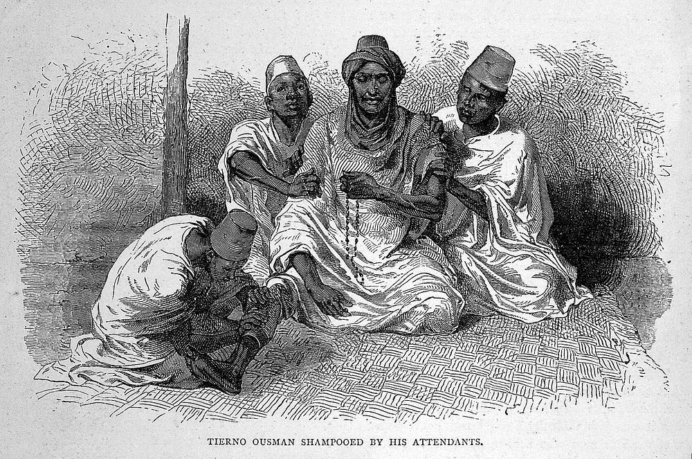 A seated oriental man being attended by three male servants. Wood engraving.