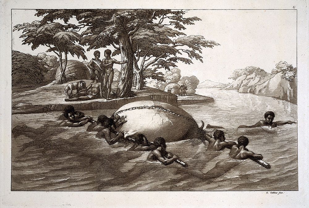 Monoemugi, Somalia : people of Gingyra crossing the river Shabelle  by carrying their belongings in the inflated skin of a…