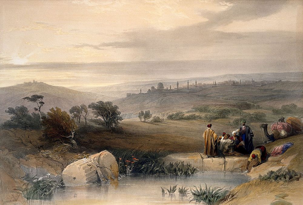 A distant view of Jerusalem; some people with camels resting by a pool. Coloured lithograph by Louis Haghe after David…