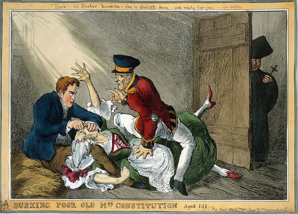 Wellington and Peel in the roles of the body-snatchers Burke and Hare suffocating Mrs Docherty for sale to Dr. Knox;…