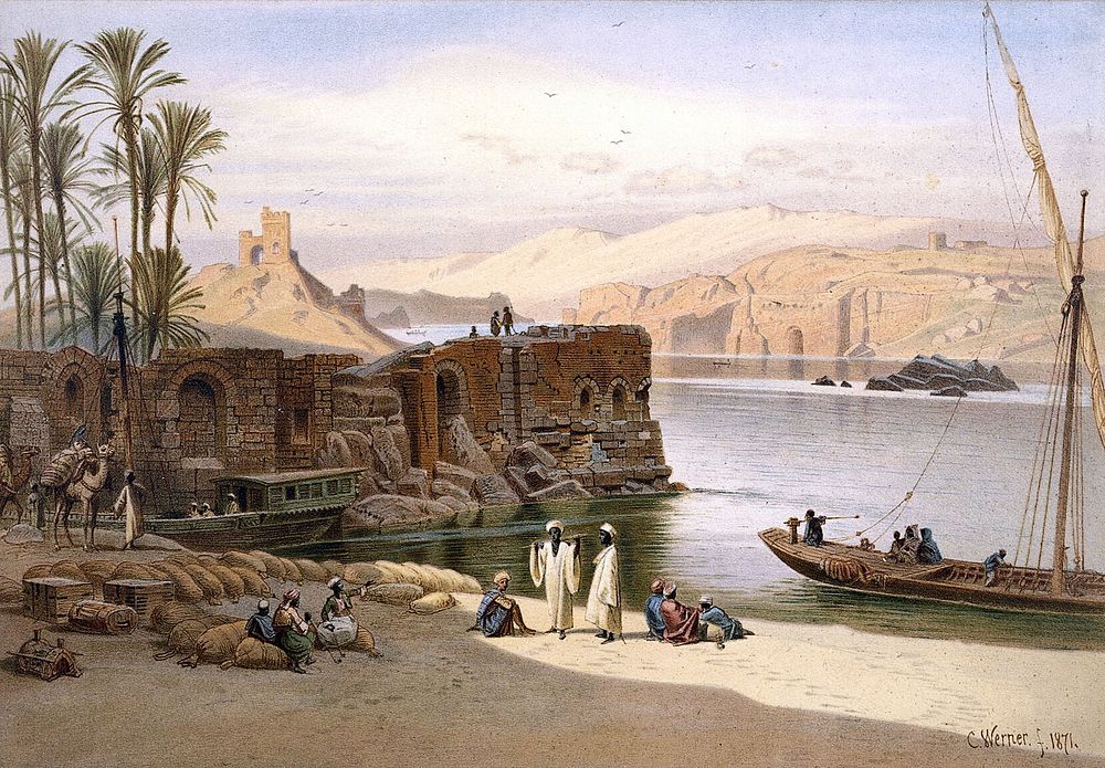 Egypt: the Nile at Aswān. Colour lithograph by G. Seitz, ca. 1878, after Carl Werner, 1871.