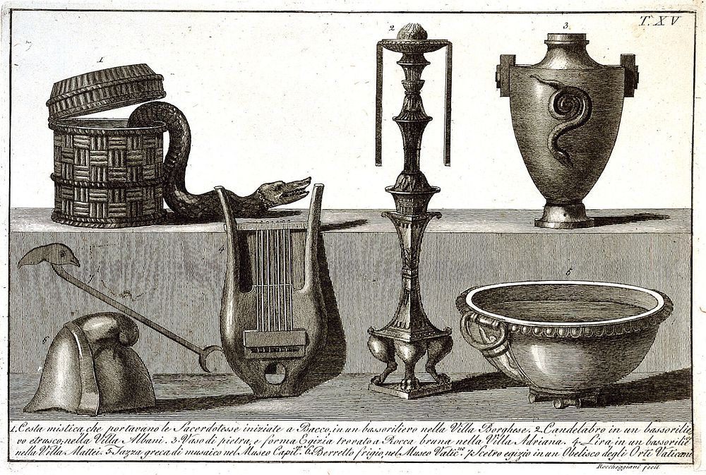 Seven ancient utensils reconstructed from bas-reliefs etc. Etching by L. Roccheggiani, ca. 1811.